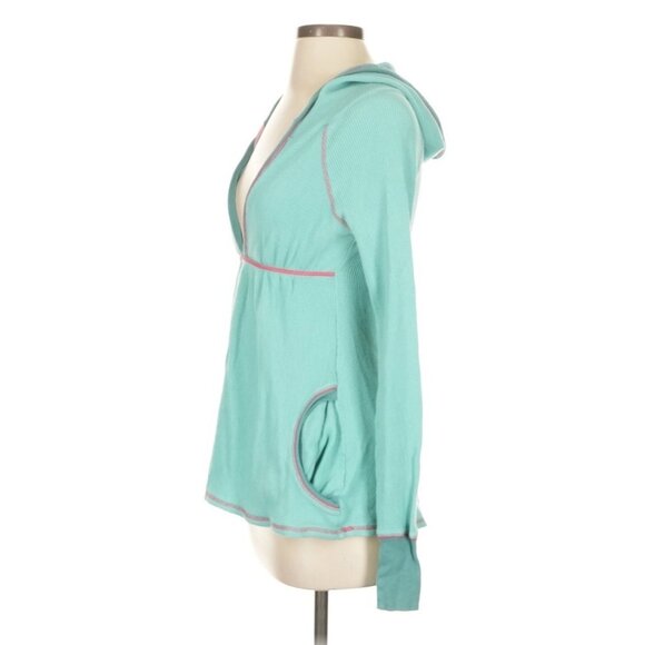 RARE Vtg Free People Hooded Waffle Knit Thermal • Boho Y2K Babydoll Teal Grunge - Picture 4 of 11